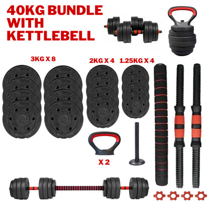 Exersci Adjustable Dumbbell Barbell Weights Set 20-40Kg with Kettlebell Option