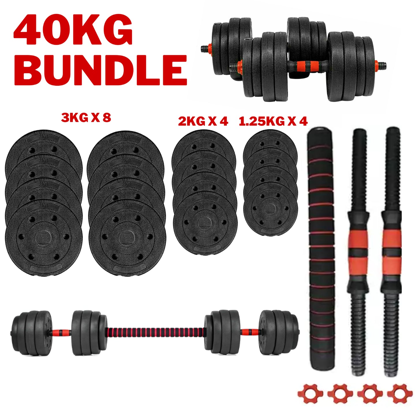 Exersci Adjustable Dumbbell Barbell Weights Set 20-40Kg with Kettlebell Option