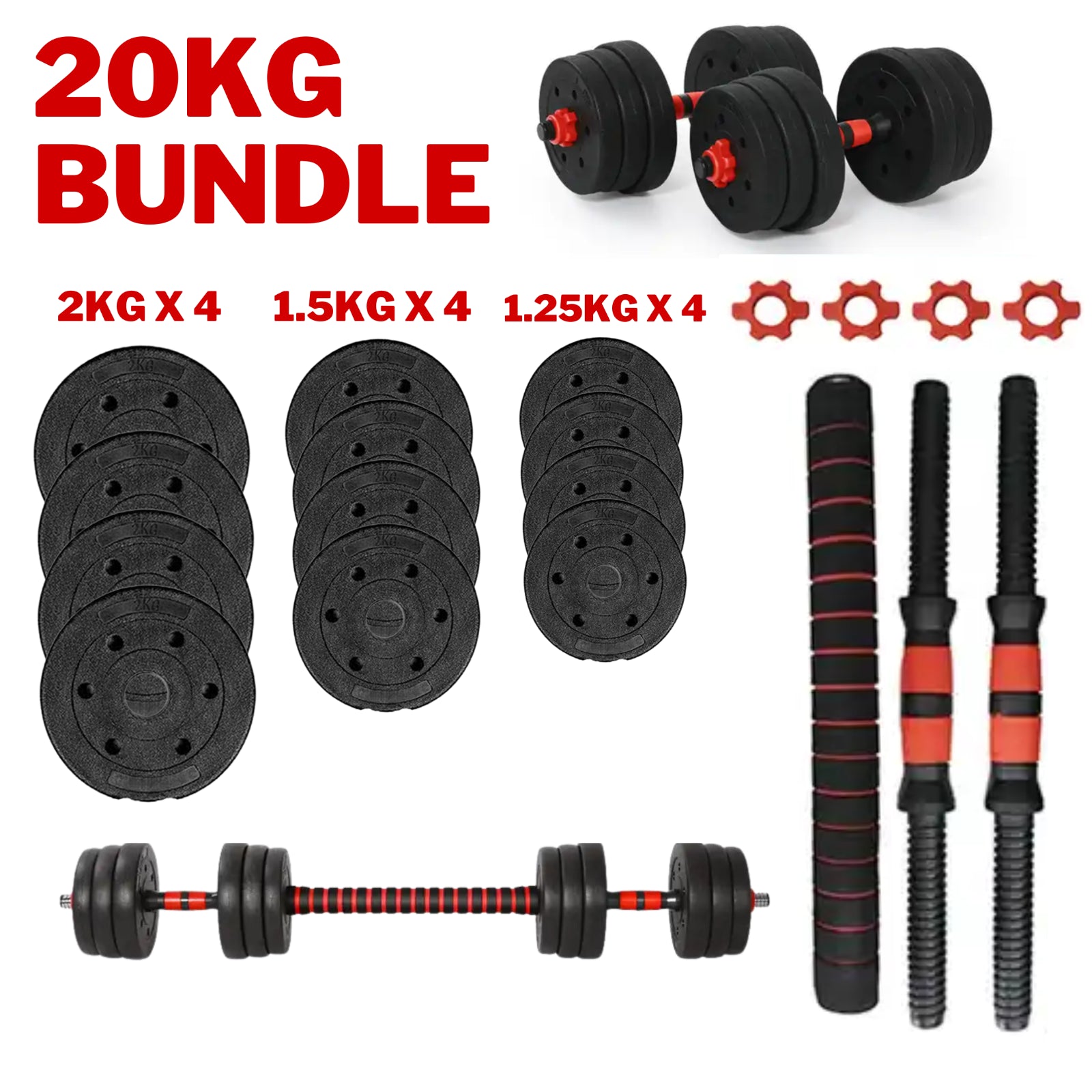 Exersci Adjustable Dumbbell Barbell Weights Set 20-40Kg with Kettlebell Option