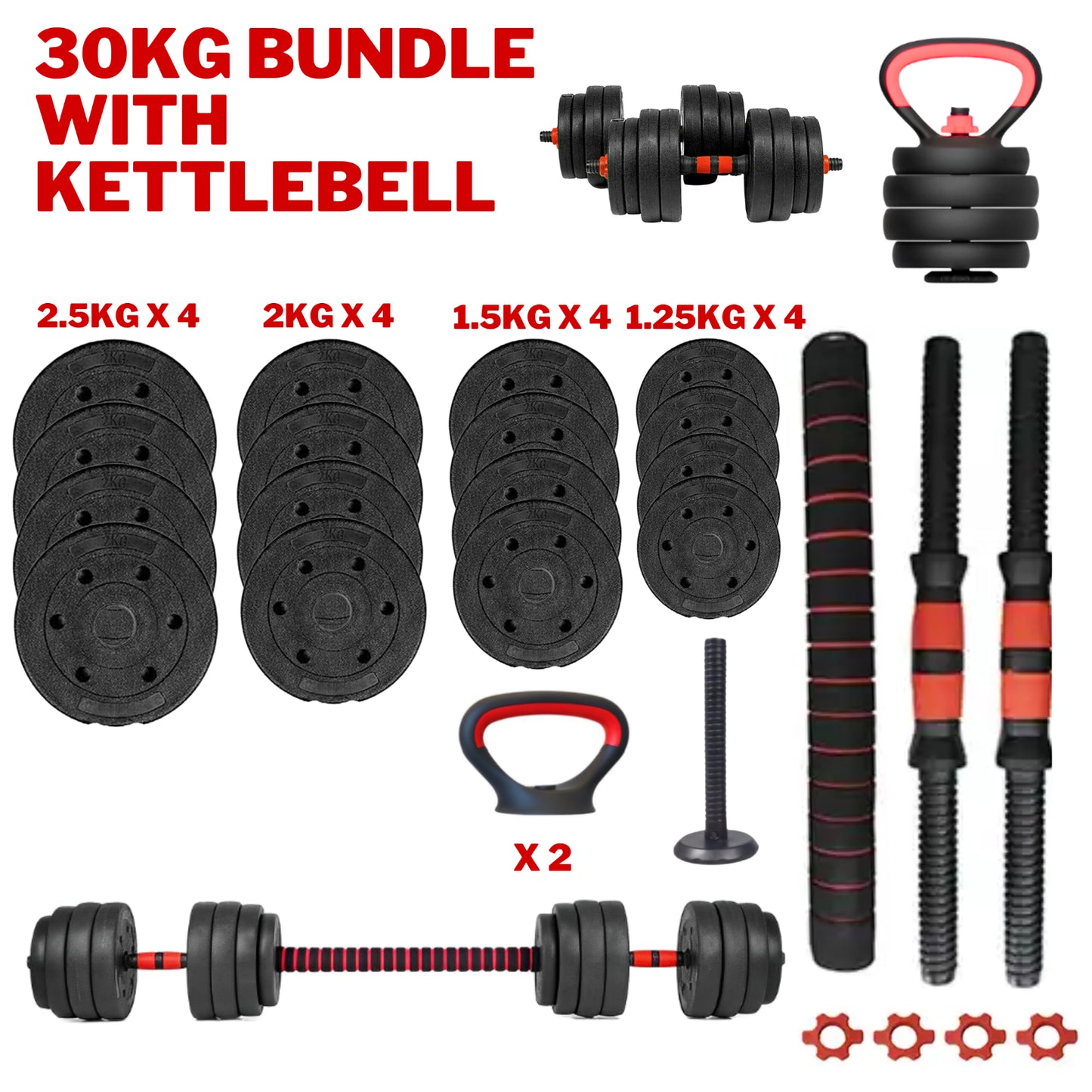 Exersci Adjustable Dumbbell Barbell Weights Set 20-40Kg with Kettlebell Option